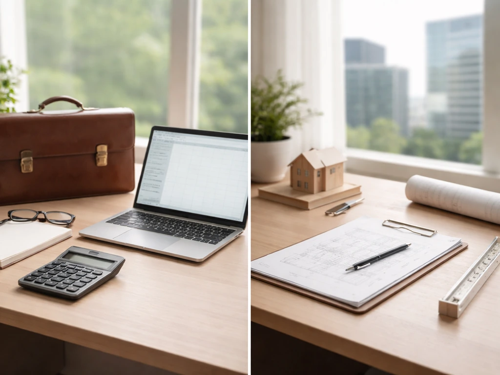 Desk with finance tools on one side and real-estate appraisal items beside it, implying two careers.