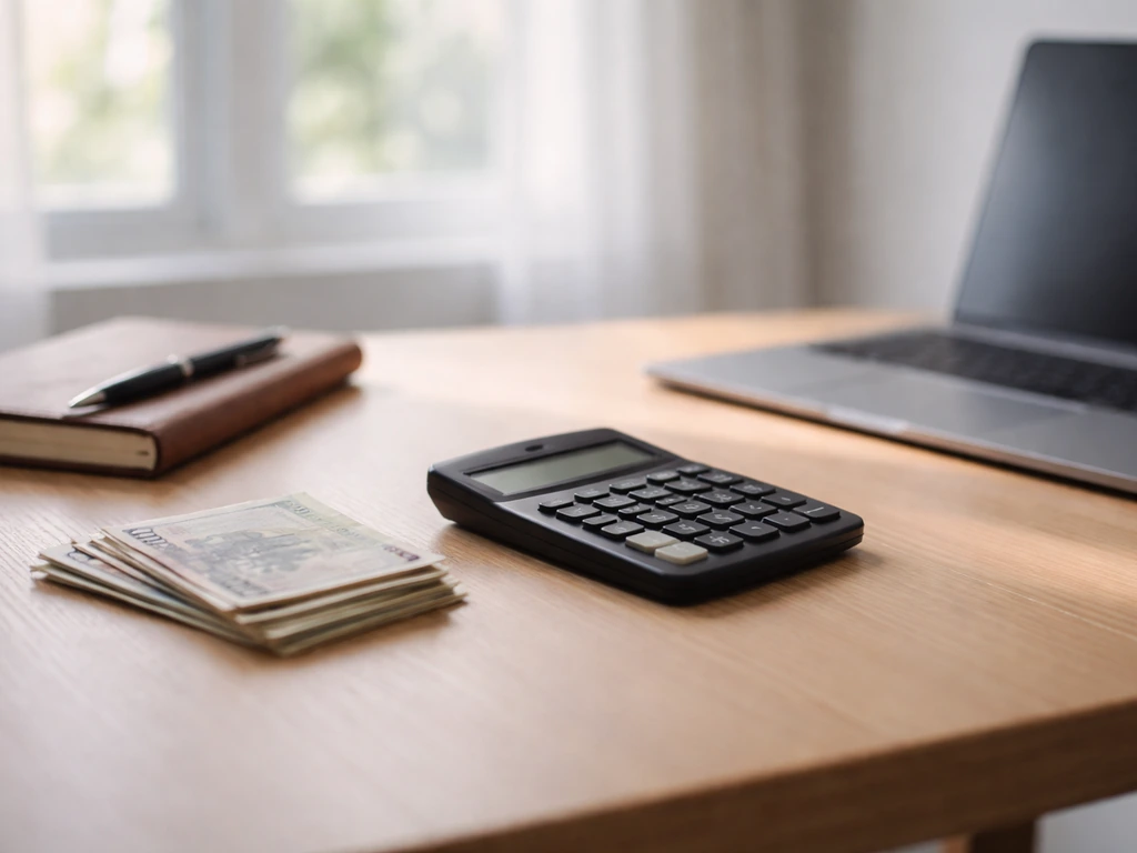 Sunlit desk with calculator and scattered currency notes beside a closed laptop, suggesting financial estimate work