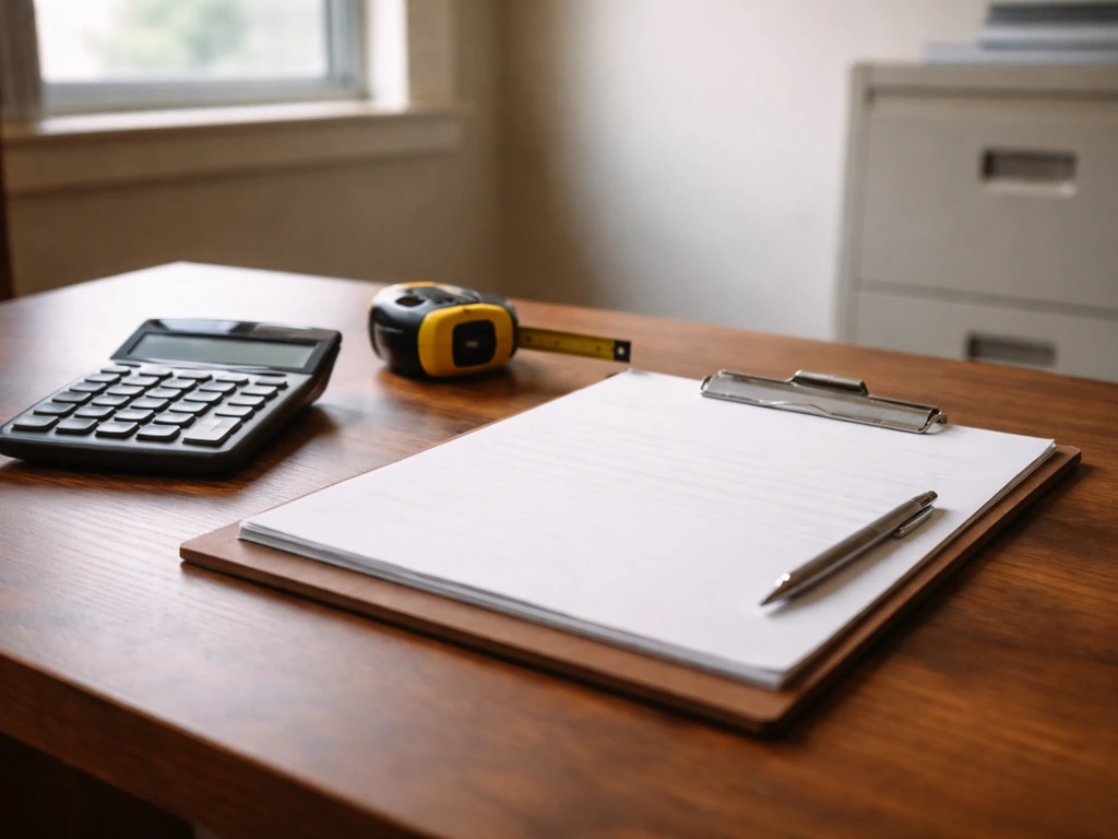 Appraisal tools on a desk: calculator, measuring tape, clipboard with comps, in a quiet real estate office