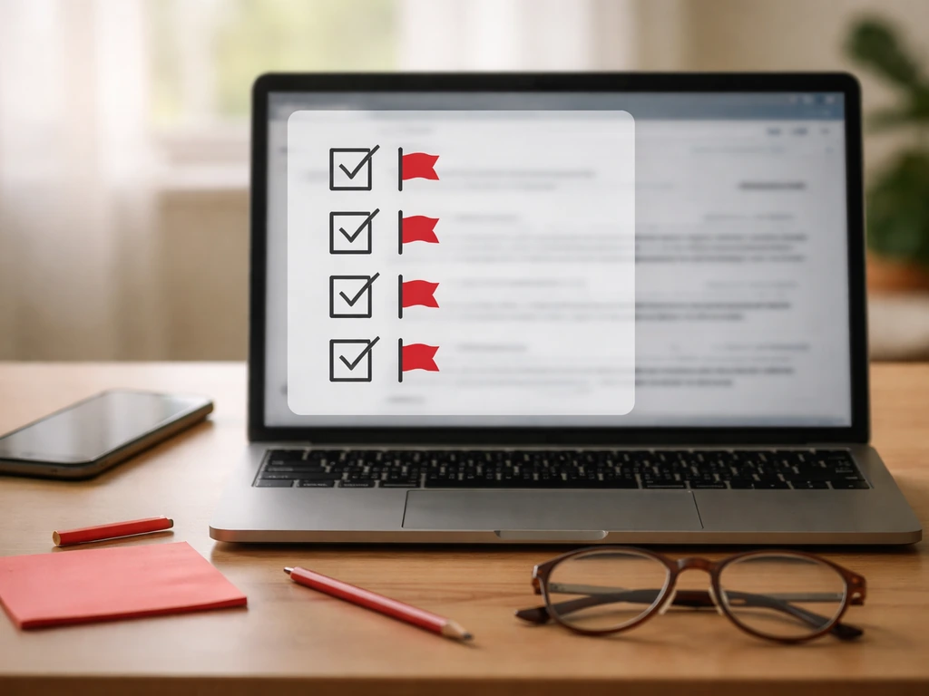 Minimal home office desk with blurred laptop search screen and red-flag checklist overlay indicating uncertainties
