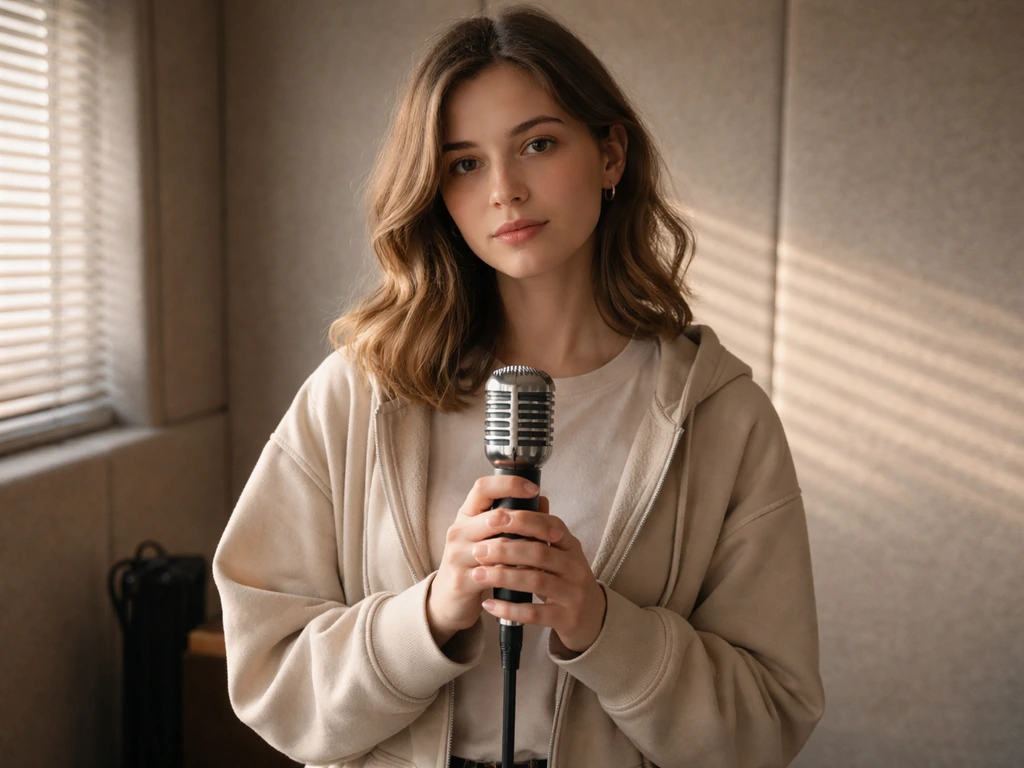 Anonymous actress in a casual studio holding a microphone, light reflecting off a simple window backdrop.