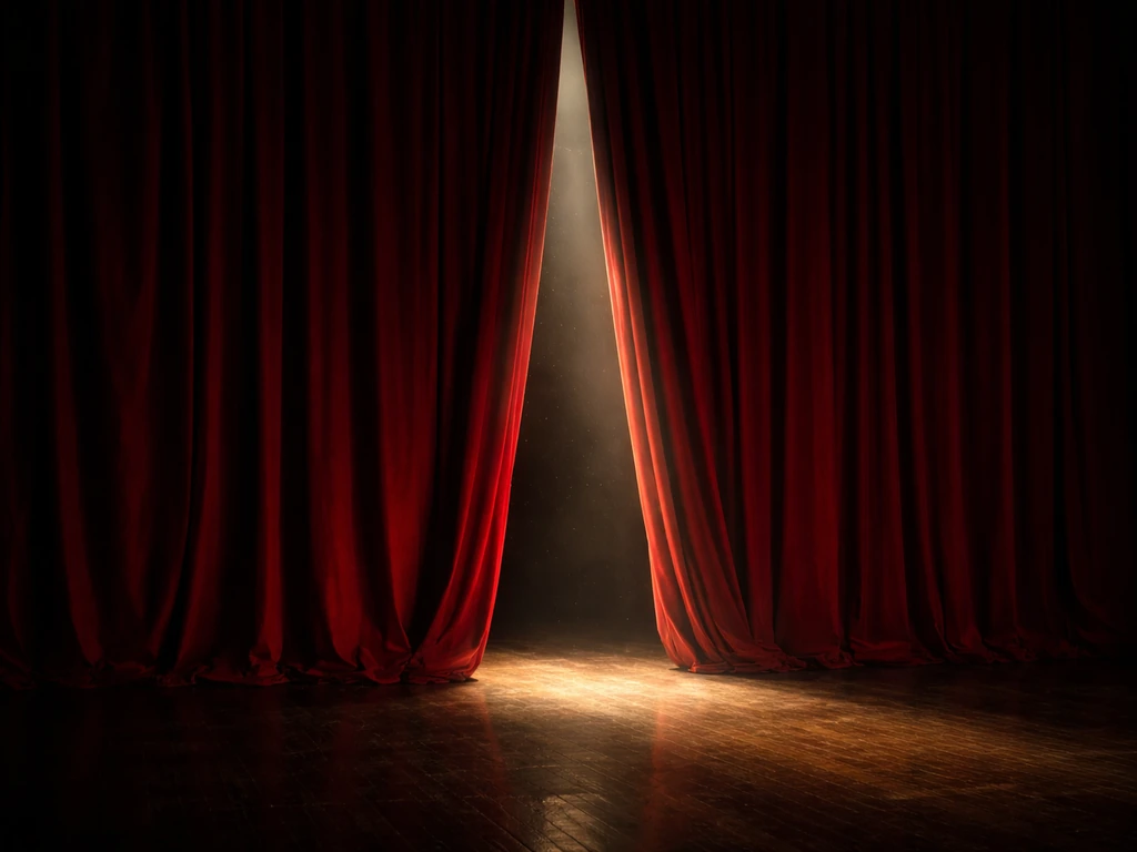 Quiet theater backstage scene with a vintage red curtain and spotlight glow, evoking a Broadway debut.