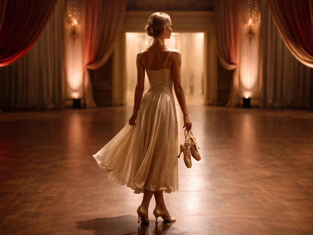 Elegant dancer in a gold rehearsal dress in a ballroom, suggesting a Dancing With the Stars winning moment.