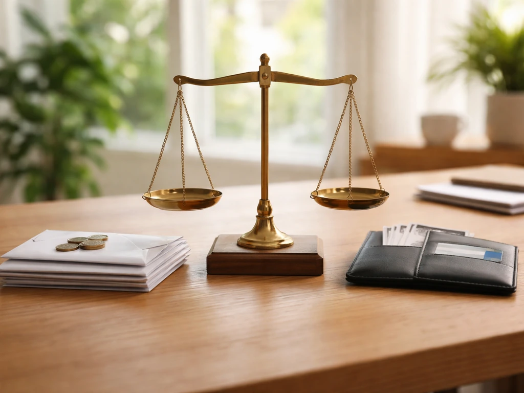 Minimal desk scene with a small balance scale and two opposite piles of coins and bills.