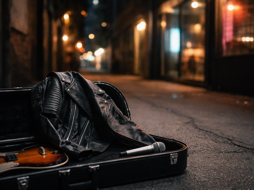 Leather jacket over an open guitar case with a microphone beside it in a softly lit LA alley.