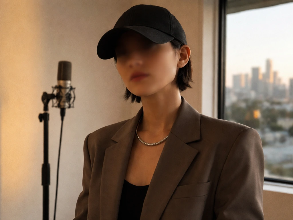 Anonymous stylish musician in an LA studio with a microphone stand and softly blurred city skyline.