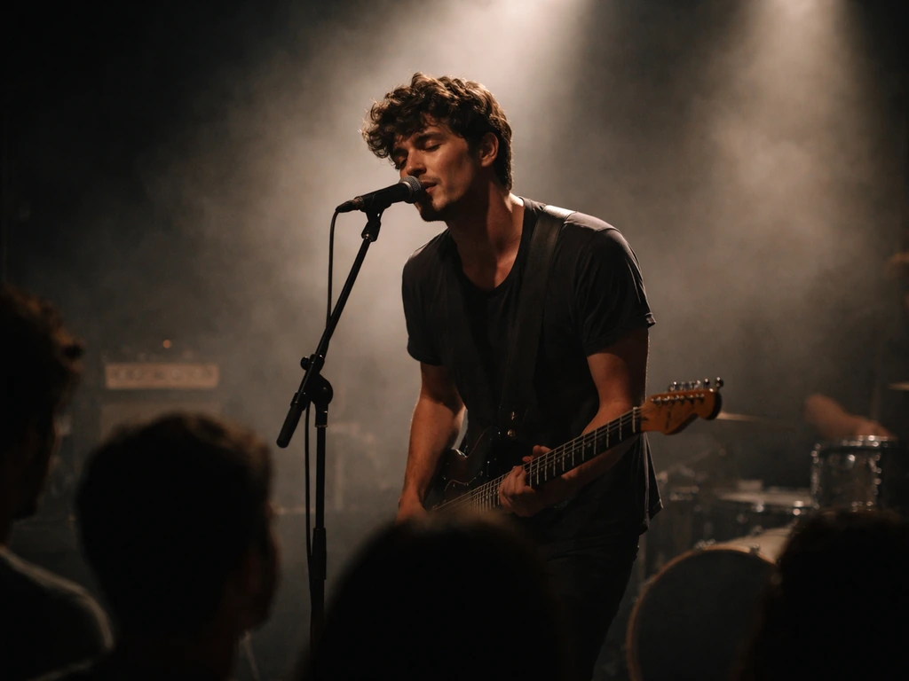 Anonymous frontman singing at a mic during an intimate club performance with soft stage lighting.