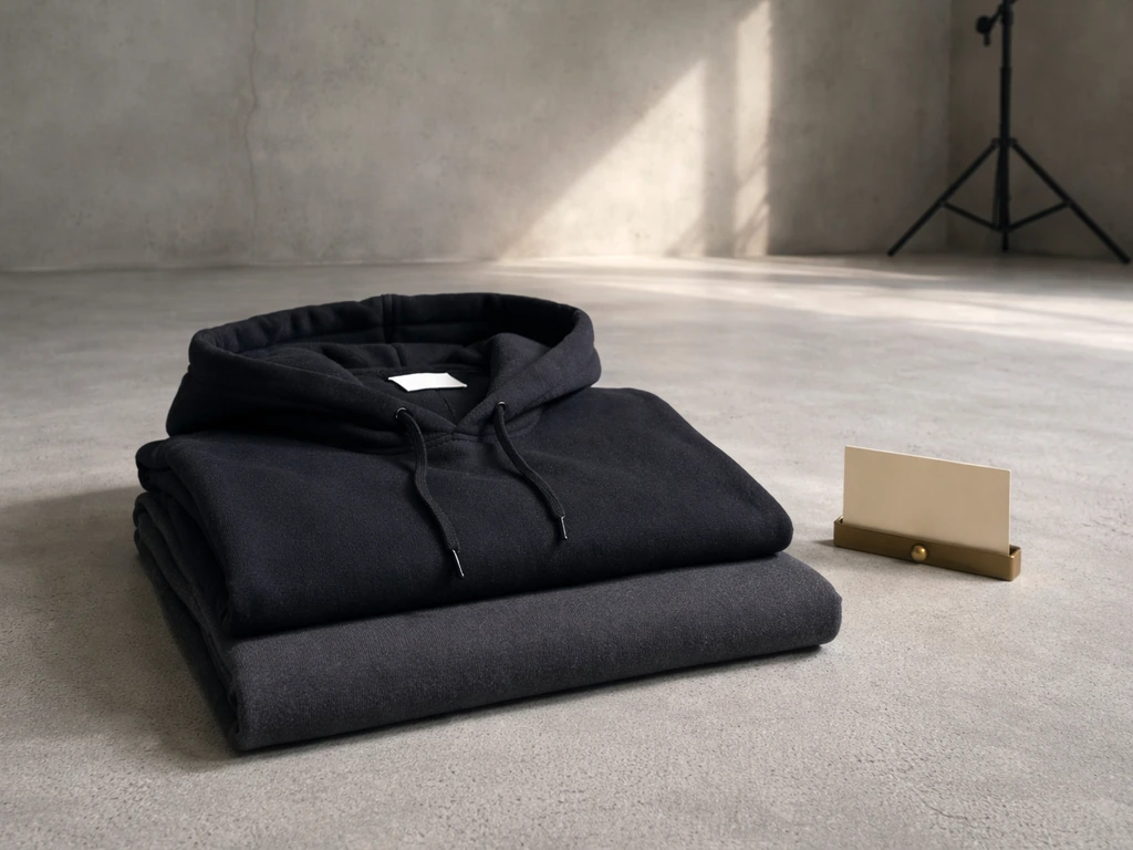 Minimal still-life of folded black streetwear hoodie and crewneck with blank inner label tag visible.