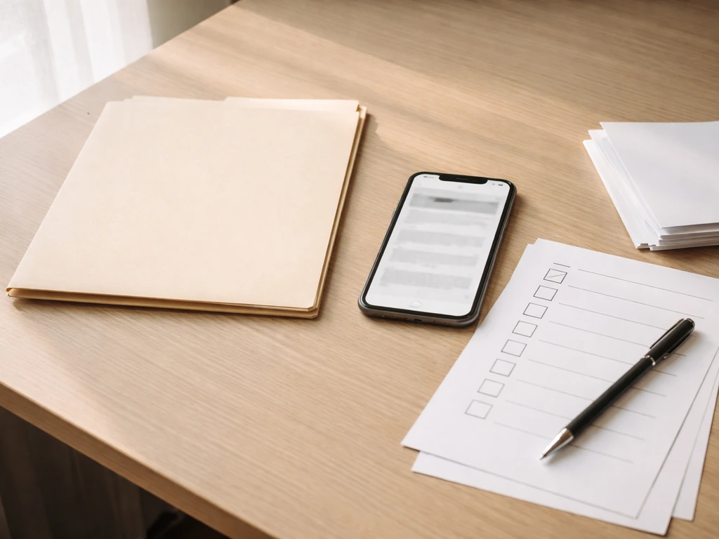 Desk with blank checklist pages and a phone showing a generic website, conveying document verification.