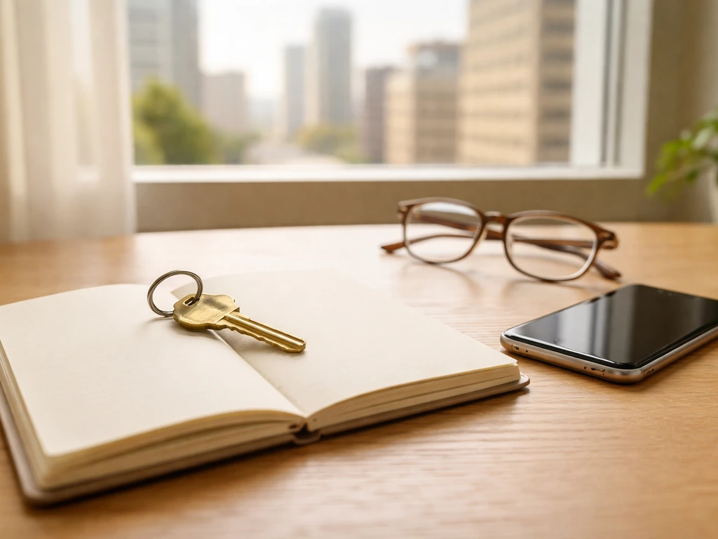 Minimal desk scene with keys and a notebook, symbolizing real estate wealth assessment.