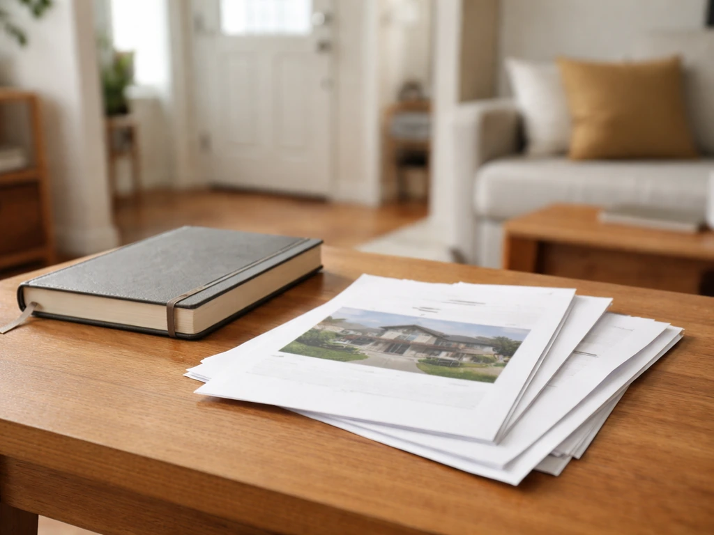 Sunlit living room with a framed house illustration on a small desk and a mortgage statement, symbolizing assets minus l