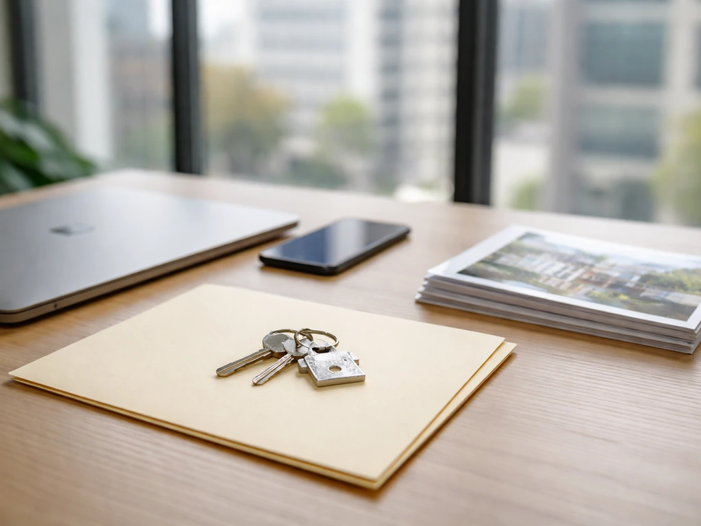 Minimal real-estate agent desk scene with house keys, brochures, and a blurred office window in natural light.