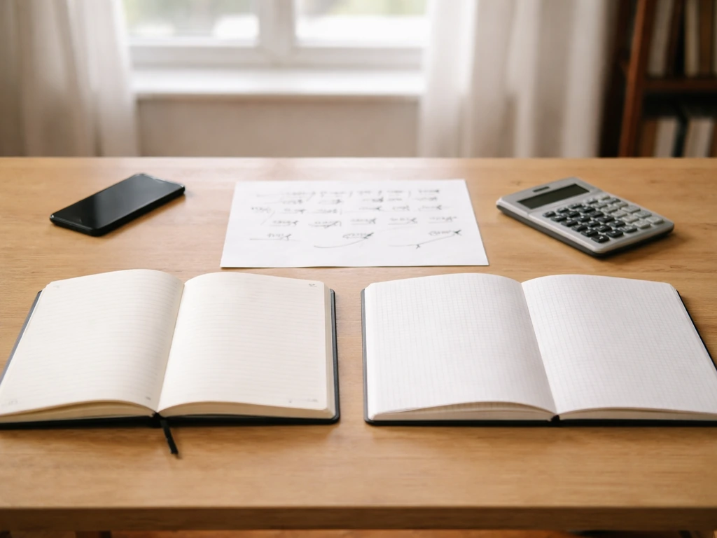 Minimal desk scene with notebooks and calculator suggesting cross-checking financial assumptions.
