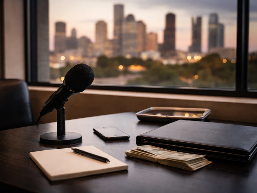 Unbranded Houston office desk with a microphone and financial symbols, representing entrepreneurship and media hosting c
