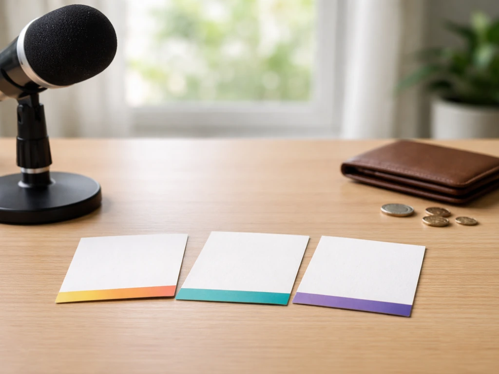 Minimal desk scene with blank business cards, a studio microphone, and finance props suggesting name confusion.