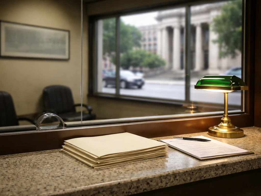 Bail bond office window and counter setup with paperwork and blurred signage, no person present.