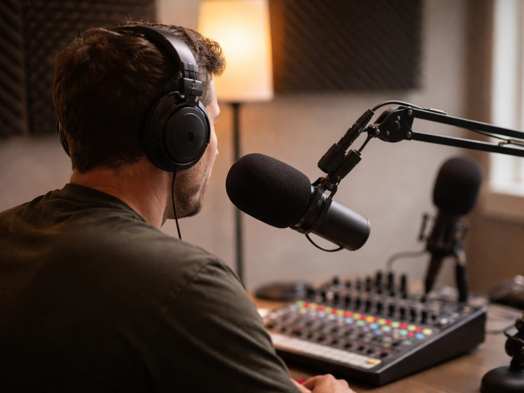 Anonymous radio host in a studio wearing headphones, speaking into microphones with a simple mixing board.