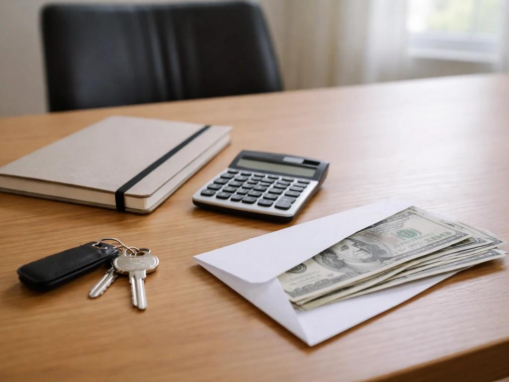 Minimal desk scene with a notebook, calculator, and cash envelope suggesting changing assets and expenses