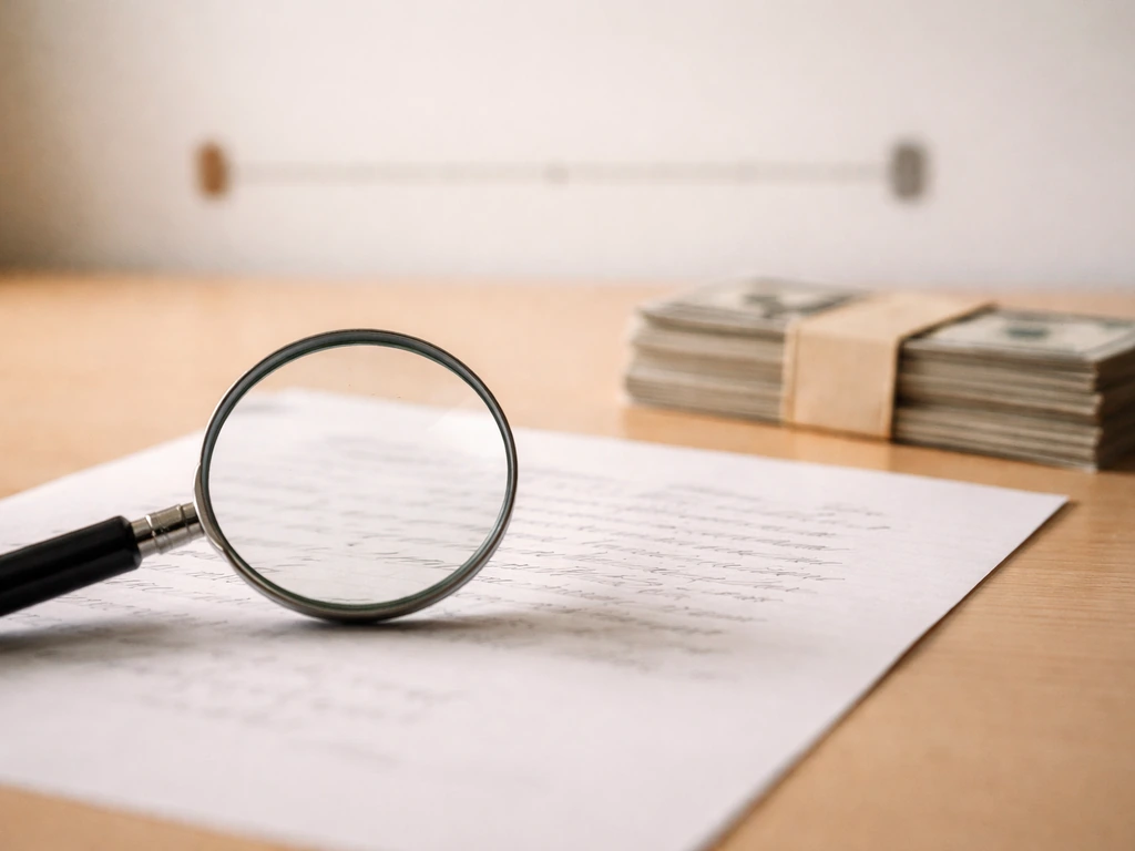 Magnifying glass over paper documents and bills on a desk, suggesting a net worth estimate range.