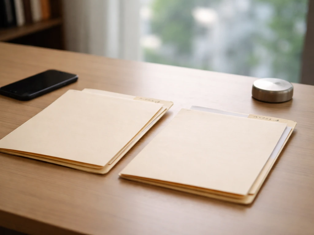 Minimal office scene with two blurred folders labeled by handwriting, symbolizing identity disambiguation for Ra Diggs.