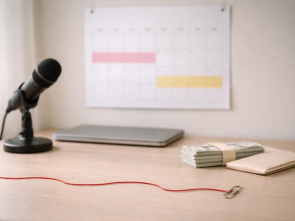 Minimal desk scene with calendar and studio gear suggesting an earnings timeline and legal milestone impact.