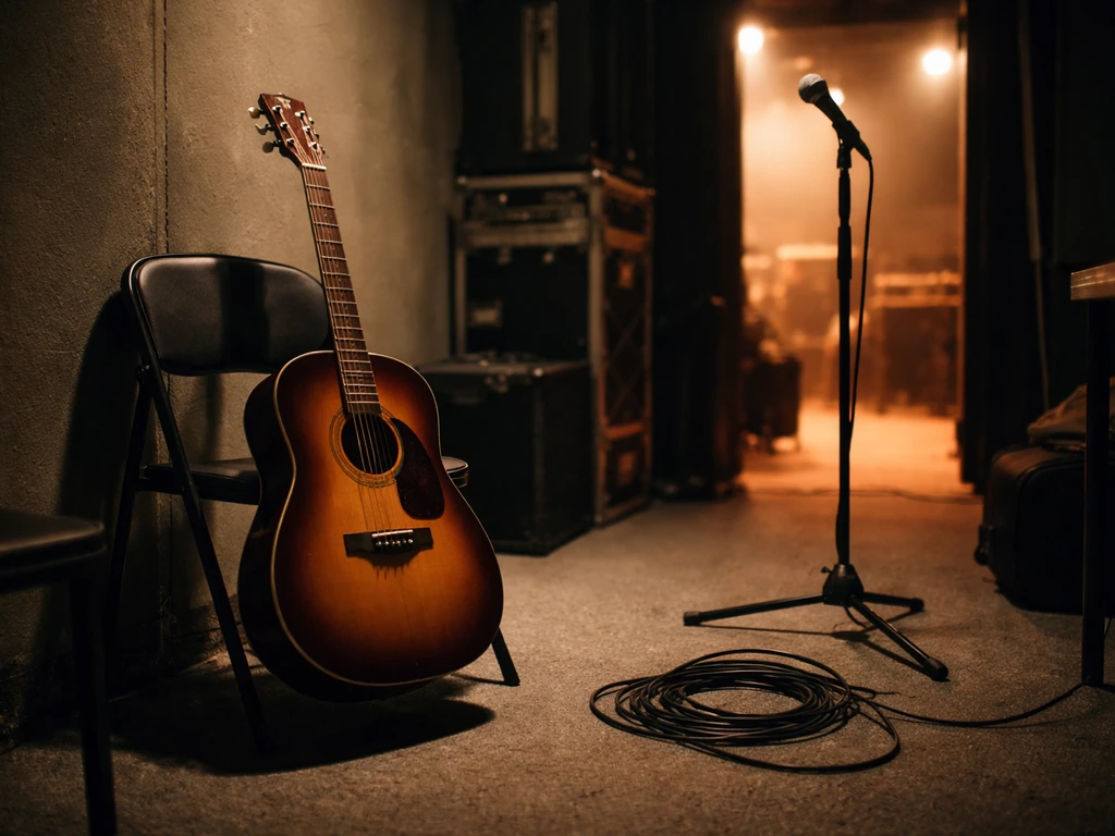 Unoccupied guitar and microphone stand in a backstage-like room, softly lit for a musician profile feel.
