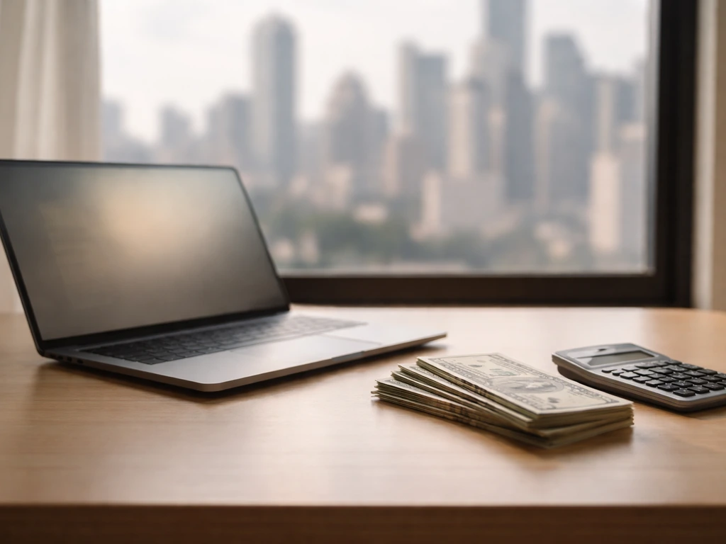 Minimal desk scene with a laptop and scattered cash to symbolize varied net worth estimates.