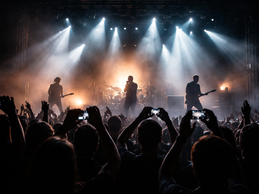 Rock concert stage at night with audience silhouettes, spotlighting instruments for a touring-income vibe.