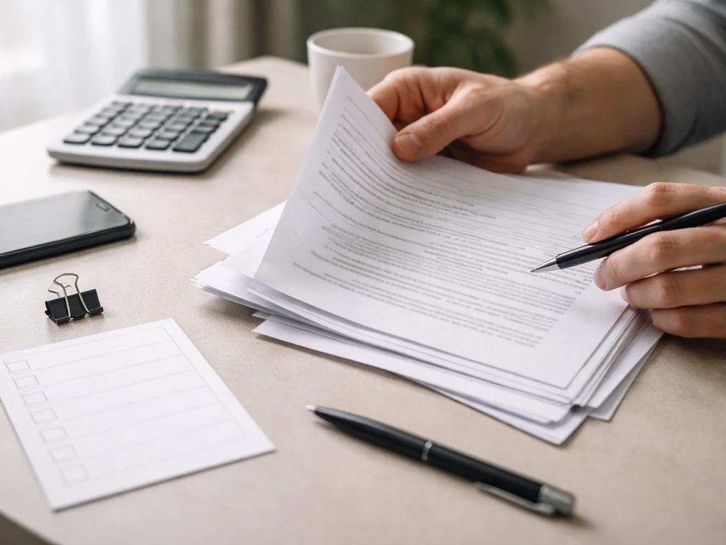 Hand reviewing financial documents with a blank checklist card and a calculator on a desk