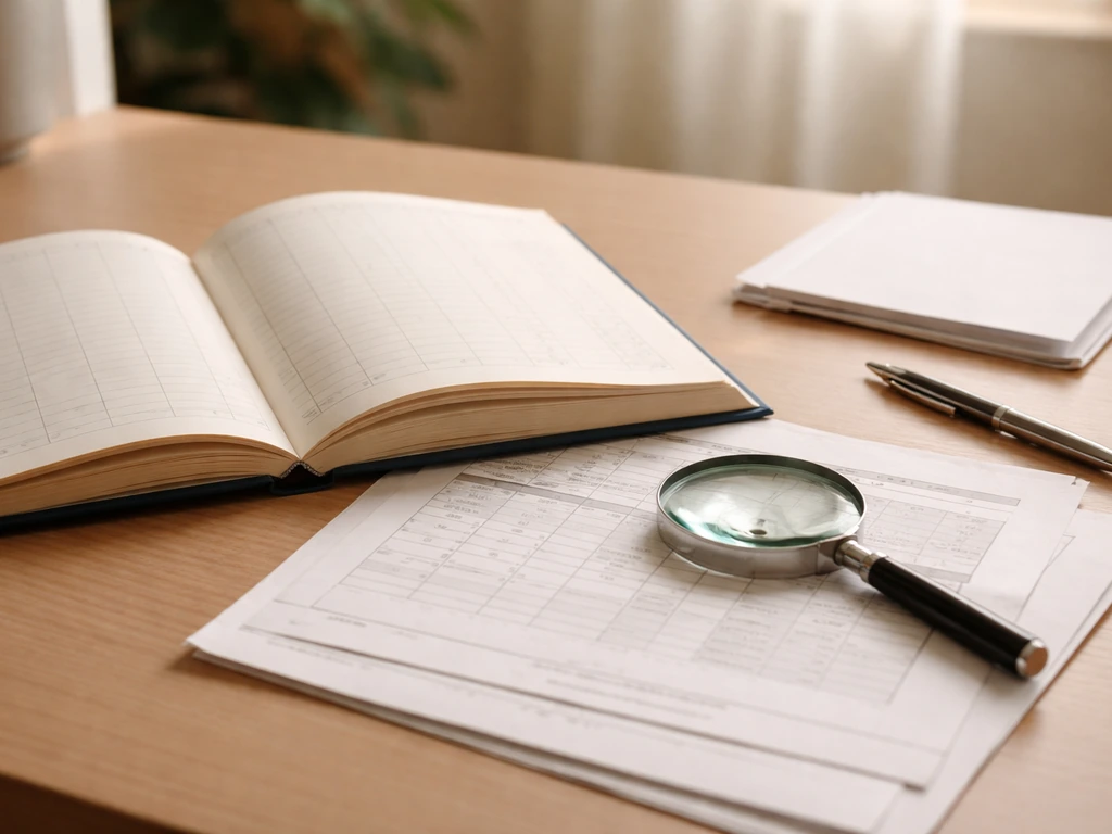 Magnifying glass examining financial documents and a simple ledger on a desk in natural light