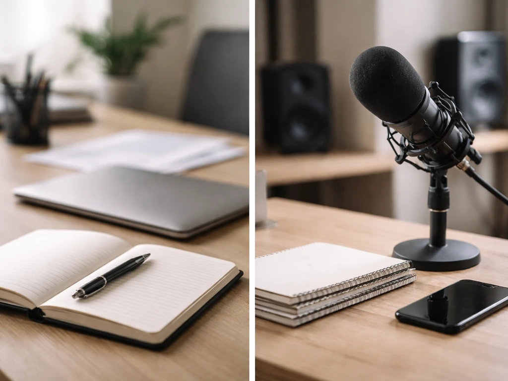 Two side-by-side office and studio desk scenes suggesting identity verification and business research.