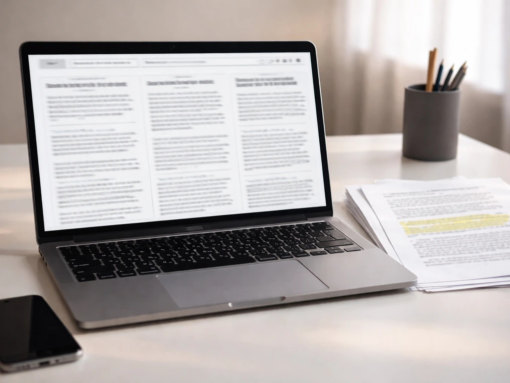 Minimal desk scene with laptop showing blurred credible articles and highlighted pages for wealth research.