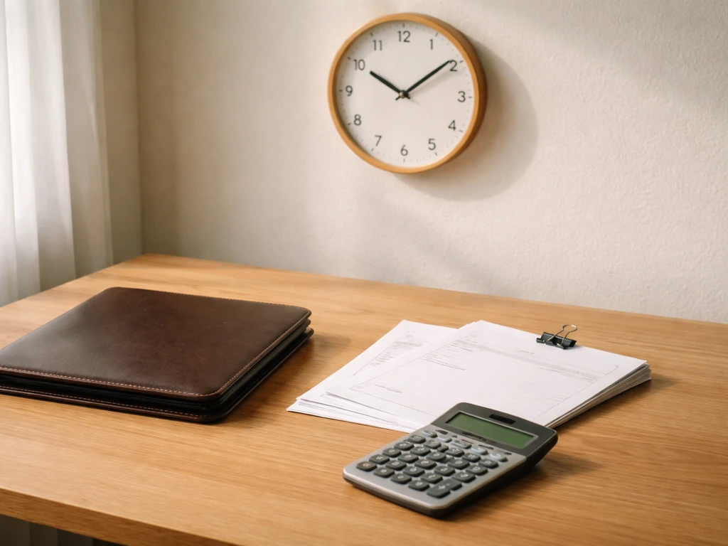 Minimal desk scene with calculator and clock suggesting tracking accumulated distributions over time