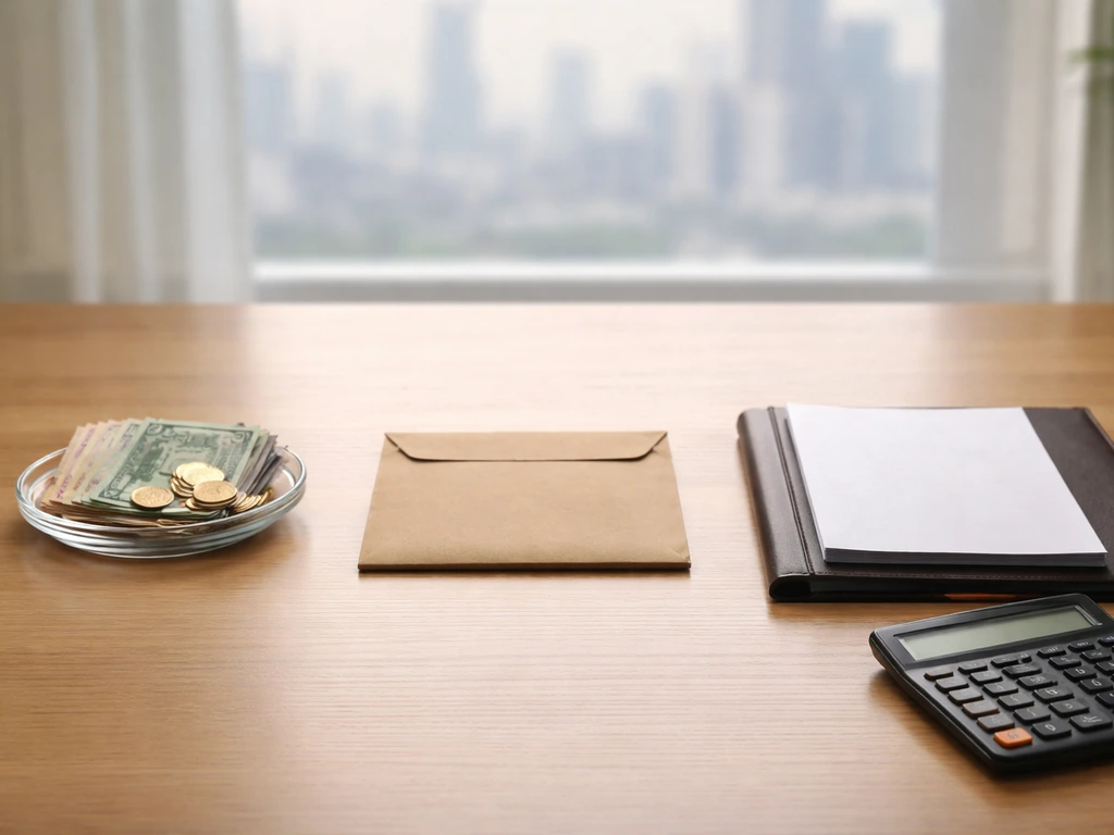 Minimal desk scene with a cash tray, a sealed envelope, and a calculator suggesting asset minus liabilities.
