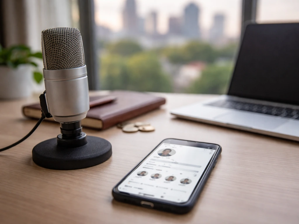 Minimal media studio desk with microphone and smartphone showing muted social metrics, symbolizing net worth research