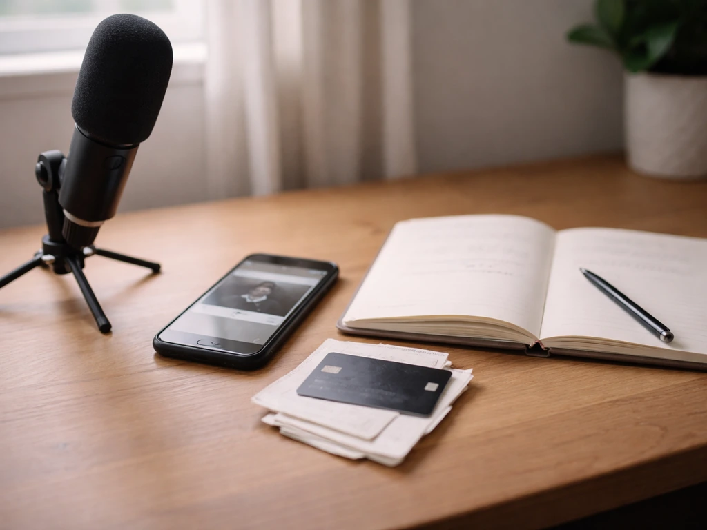 Minimal desk scene with microphone, smartphone, and cards symbolizing creator income streams.