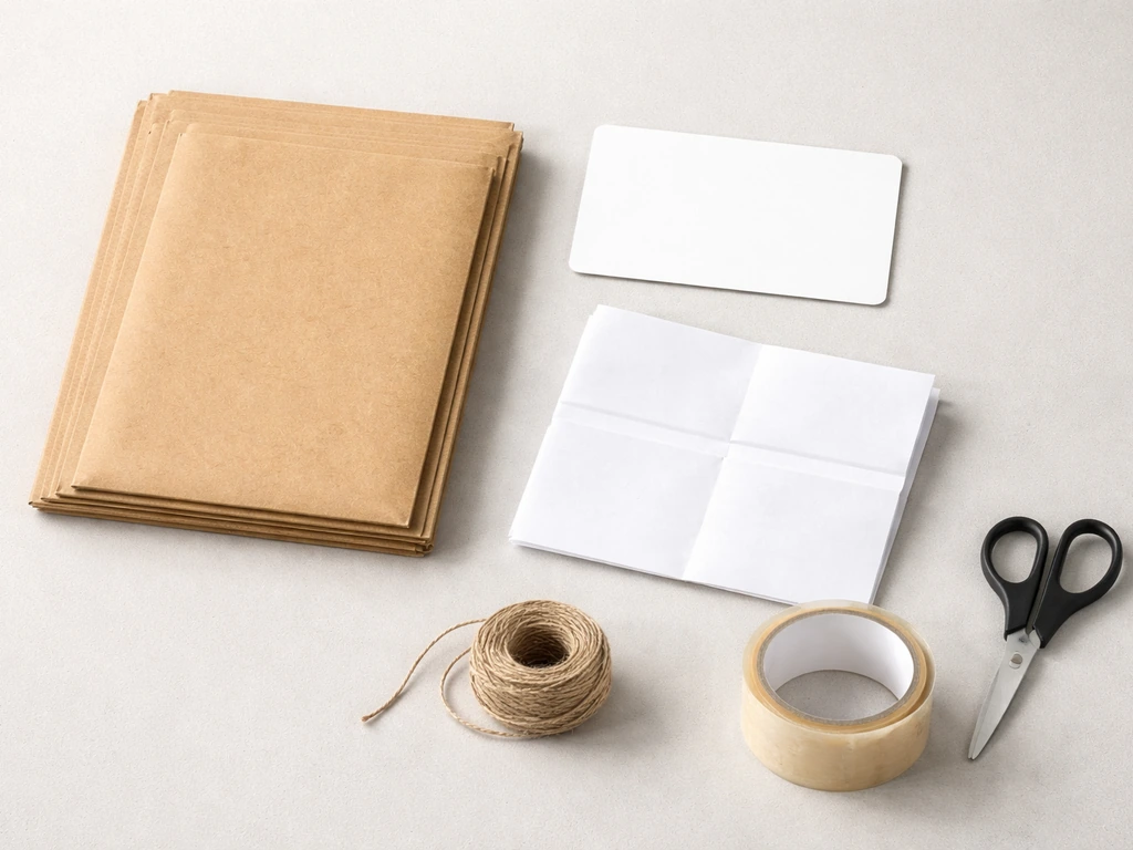 Flat-lay of unbranded merch mailers, blank PO box label placeholder, and shipping materials on a tabletop.