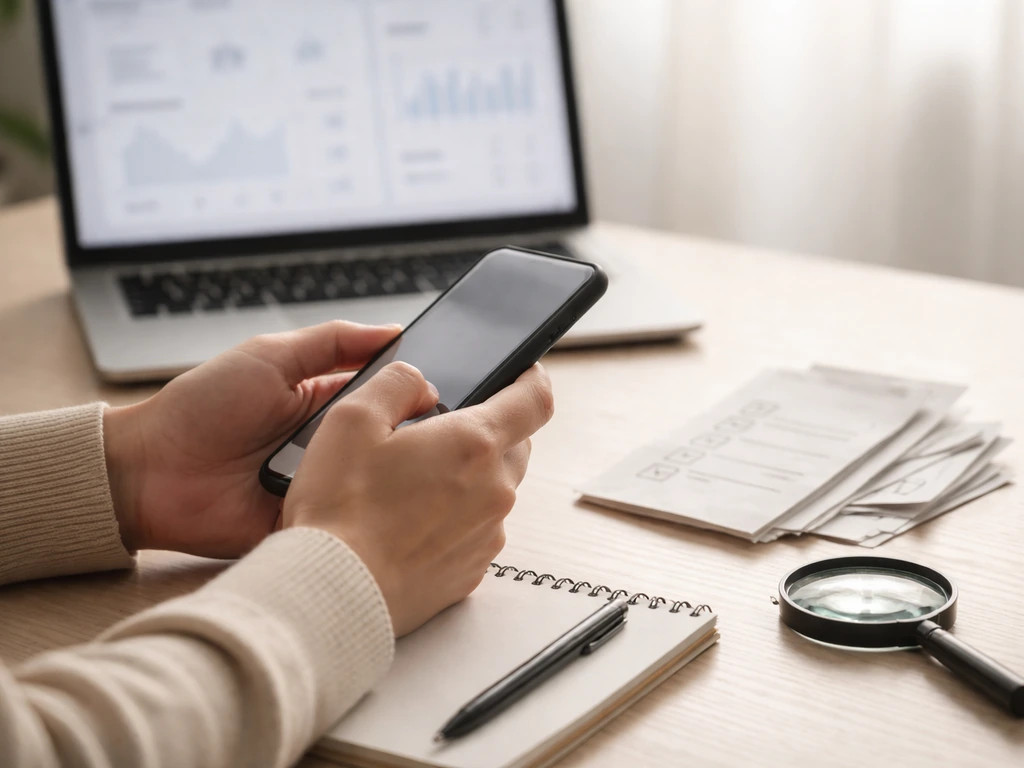 Hands reviewing a phone over a desk with checklist paper, receipts, and a magnifying glass.