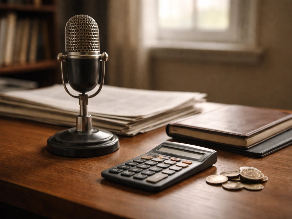 Minimal desk scene with a vintage microphone, newspapers, and a calculator symbolizing media and finance