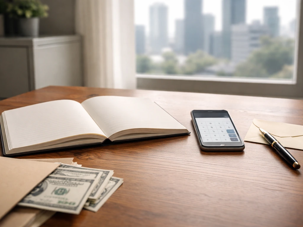 Minimal office desk with blank notebook, calculator phone, pen, and cash symbolizing a net worth breakdown.