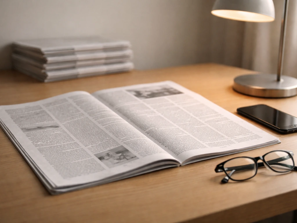 Close-up of an open broadsheet on a wooden desk with a phone, glasses, and lamp lighting.