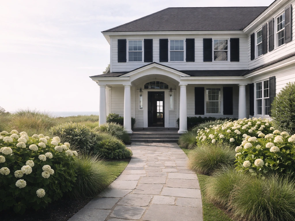Coastal Hamptons-style home exterior with manicured grounds, suggesting high real-estate value.