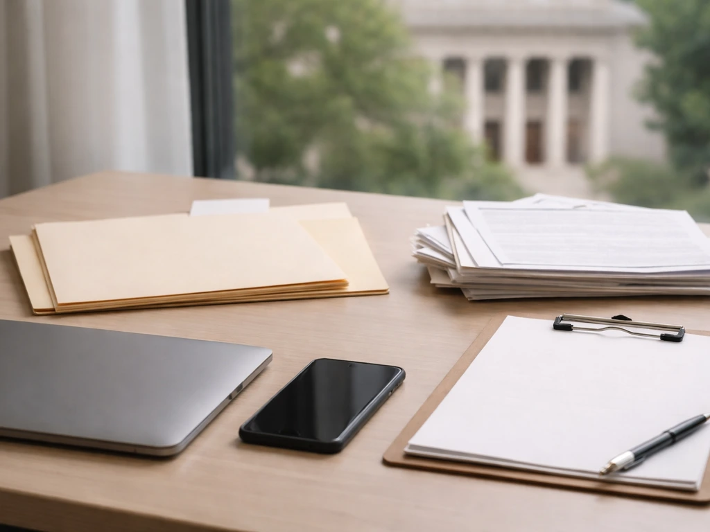 Close-up of a laptop and phone beside property record folders, suggesting DIY property record verification.