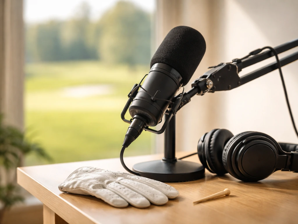 Cinematic media studio scene with a golf-themed detail beside a microphone, symbolizing sports media and wealth.