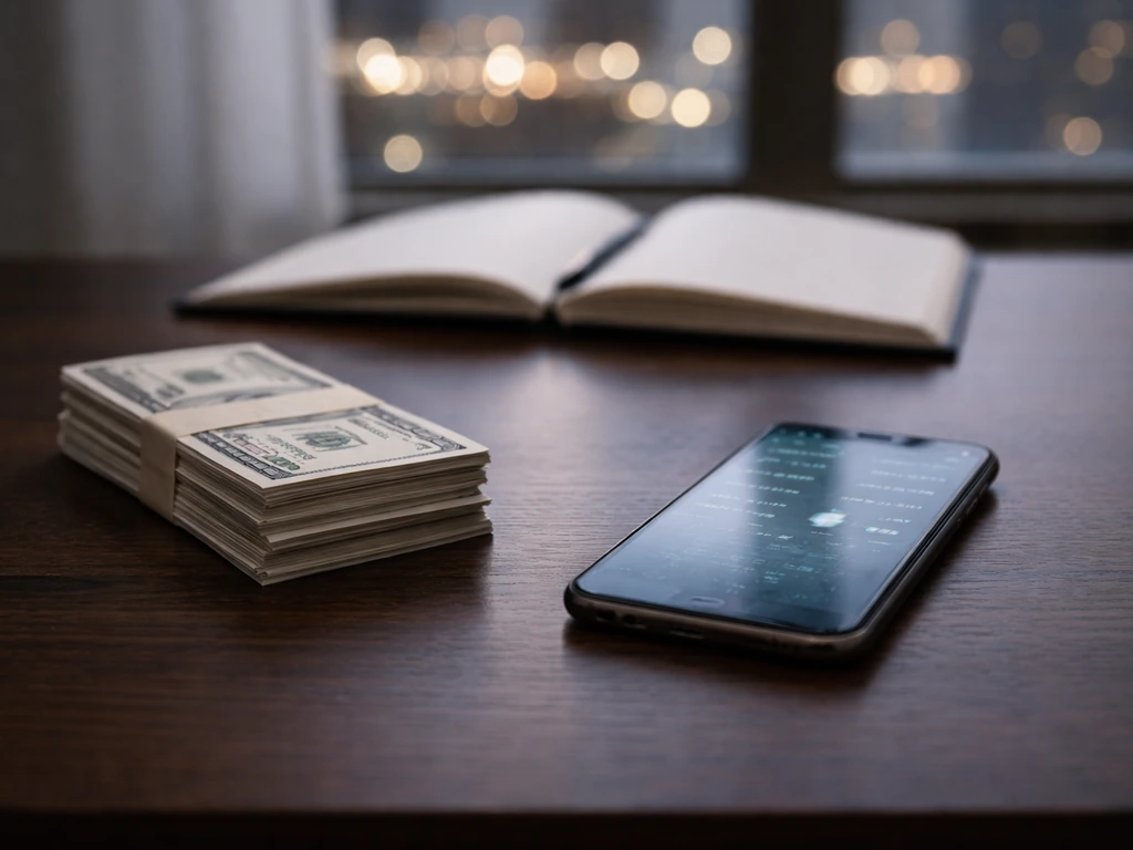 Minimal photo of a desk with scattered cash and a smartphone showing a blurred finance dashboard, symbolizing net-worth