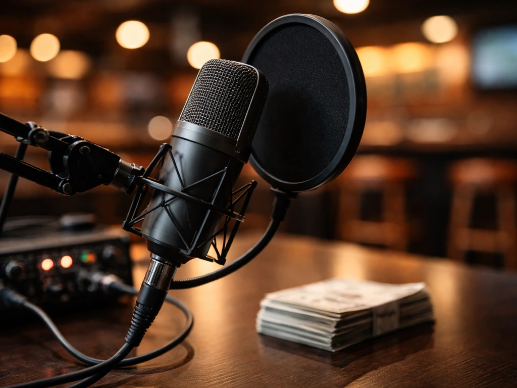 Close-up podcast microphone on a desk with subtle sports studio background and blurred cash nearby.