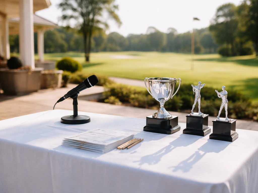 Golf tournament check-in table with trophies and a course backdrop, showing active event production