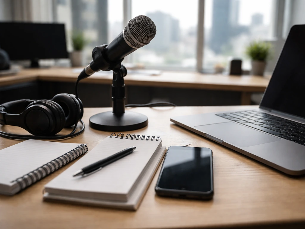 Anonymous newsroom desk with microphone and headphones, symbolizing media analysis for a net worth estimate.