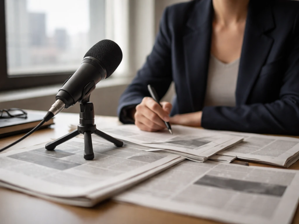 Anonymous journalist at a quiet press desk with a microphone and newspaper-style papers