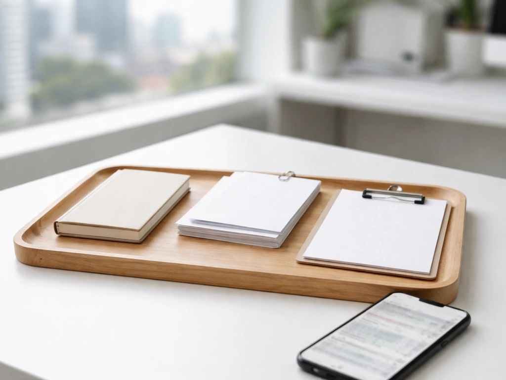 Minimal desk scene with three unlabeled documents arranged to symbolize career, benchmarks, and disclosures.